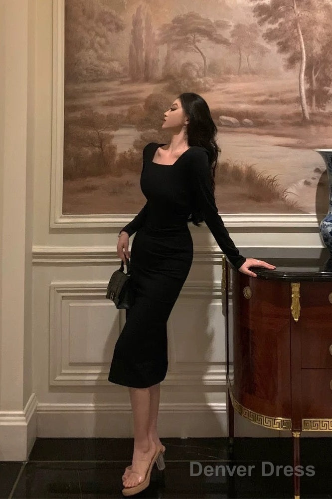 Classy Sheath Square Neckline Black Prom Dresses Birthday Outfits Evening Gown