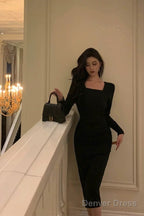 Classy Sheath Square Neckline Black Prom Dresses Birthday Outfits Evening Gown