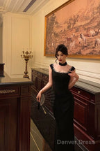 Classy Sheath Square Neckline Sleeveless Black Slit Prom Dresses Birthday Outfits