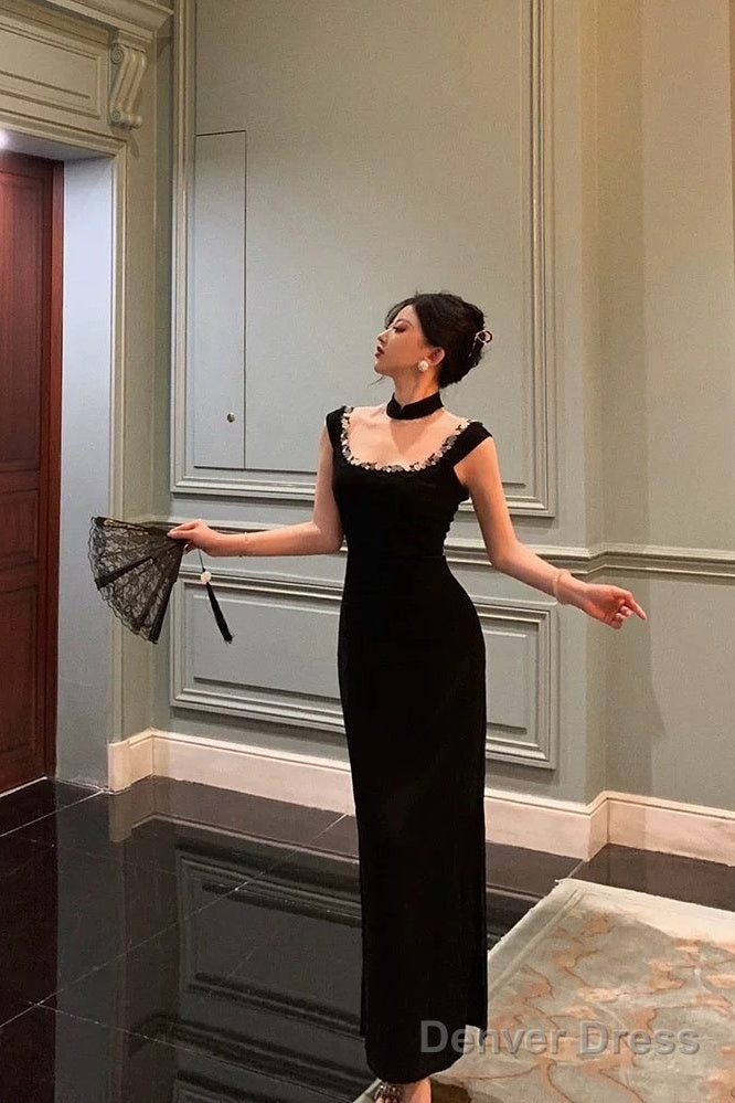 Classy Sheath Square Neckline Sleeveless Black Slit Prom Dresses Birthday Outfits