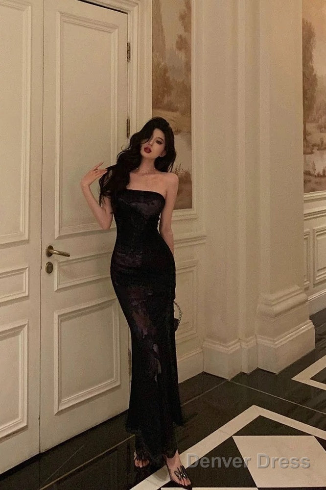 Classy Sheath Strapless Black Floral Prom Dresses Birthday Outfits Evening Gown Secondary image