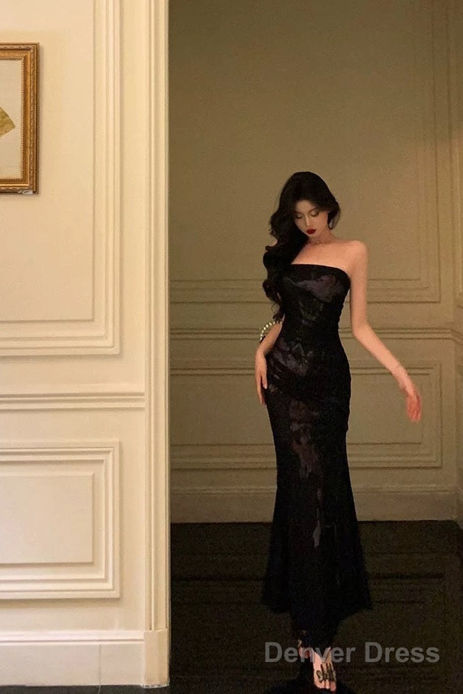 Classy Sheath Strapless Black Floral Prom Dresses Birthday Outfits Evening Gown