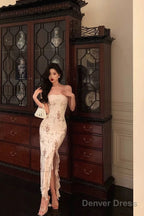 Classy Sheath Strapless Floral Ivory Long Prom Dresses Birthday Outfits Prom Gowns