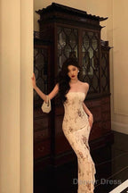 Classy Sheath Strapless Floral Ivory Long Prom Dresses Birthday Outfits Prom Gowns