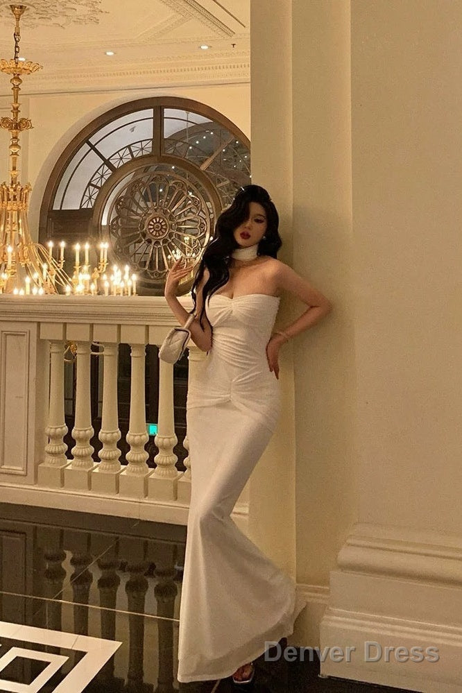 Classy Sheath Strapless Neckline White Prom Dresses Birthday Outfits Prom Gowns