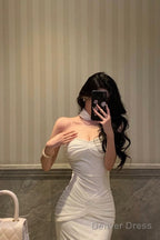 Classy Sheath Strapless Neckline White Prom Dresses Birthday Outfits Prom Gowns