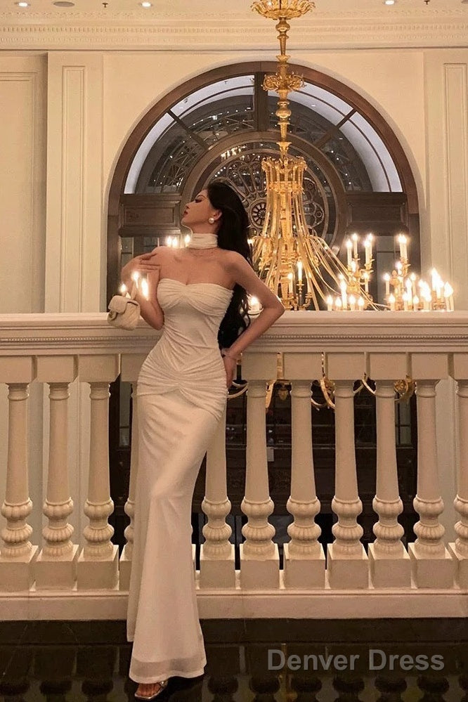 Classy Sheath Strapless Neckline White Prom Dresses Birthday Outfits Prom Gowns