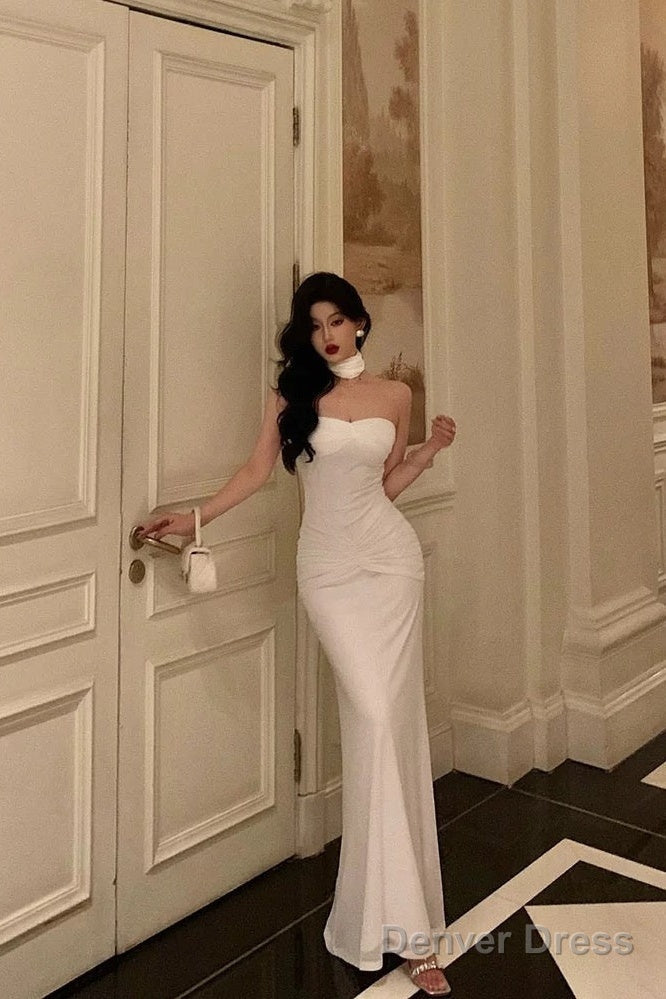Classy Sheath Strapless Neckline White Prom Dresses Birthday Outfits Prom Gowns