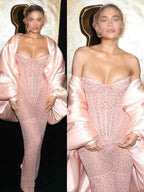 Classy Sheath Strapless Sequin Floor Length Pink Slit Prom Dresses Prom Gown