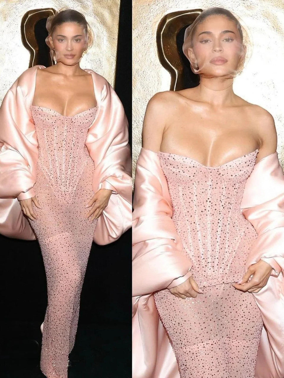 Classy Sheath Strapless Sequin Floor Length Pink Slit Prom Dresses Prom Gown