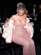 Classy Sheath Strapless Sequin Floor Length Pink Slit Prom Dresses Prom Gown