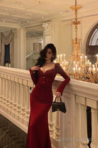 Classy Sheath Sweetheart Red Ruffles Velvet Prom Dresses Birthday Outfits Prom Gowns