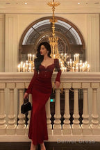 Classy Sheath Sweetheart Red Ruffles Velvet Prom Dresses Birthday Outfits Prom Gowns