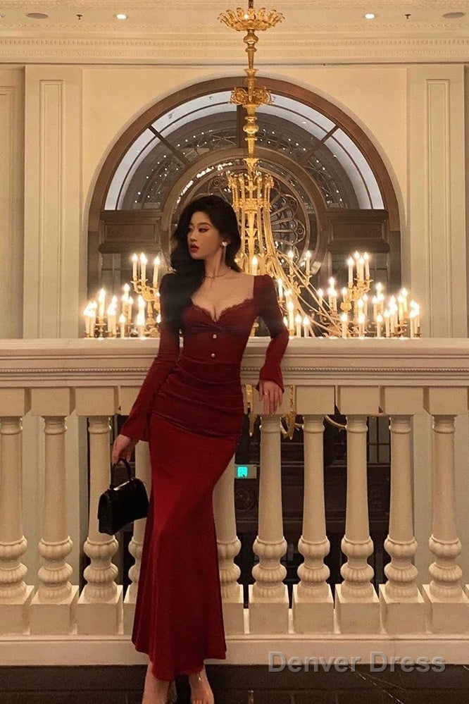 Classy Sheath Sweetheart Red Ruffles Velvet Prom Dresses Birthday Outfits Prom Gowns