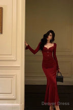 Classy Sheath Sweetheart Red Ruffles Velvet Prom Dresses Birthday Outfits Prom Gowns