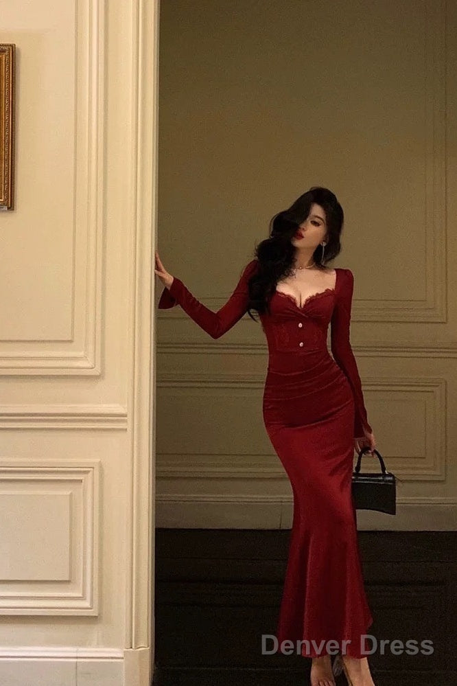Classy Sheath Sweetheart Red Ruffles Velvet Prom Dresses Birthday Outfits Prom Gowns