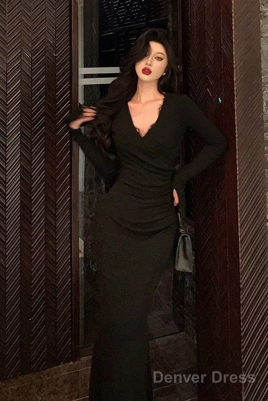 Classy Sheath V Neckline Long Sleeves Black Prom Dresses Birthday Outfits Secondary image