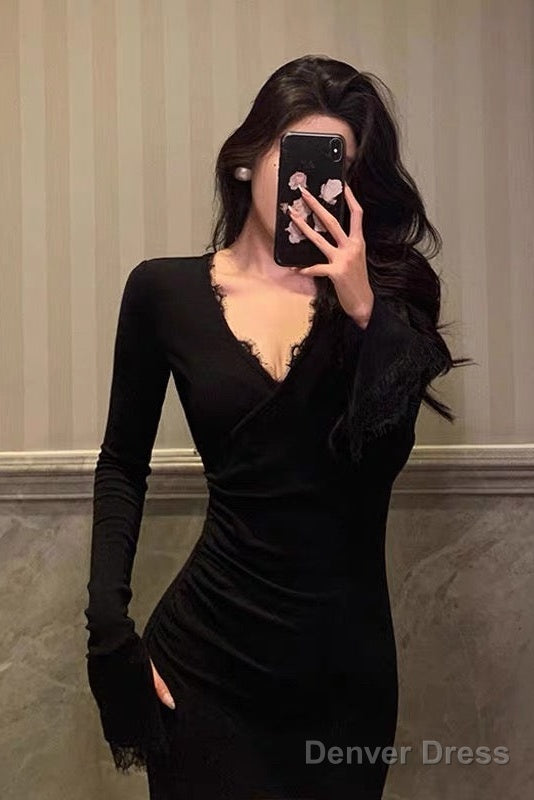 Classy Sheath V Neckline Long Sleeves Black Prom Dresses Birthday Outfits