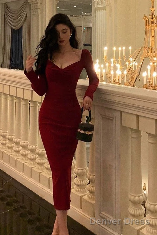 Classy Sheath V Neckline Long Sleeves Red Prom Dresses Birthday Outfits Prom Gowns