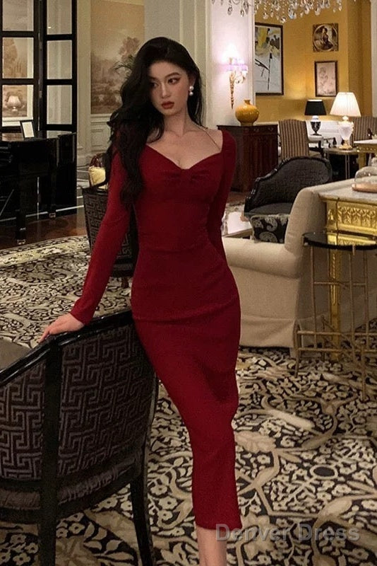Classy Sheath V Neckline Long Sleeves Red Prom Dresses Birthday Outfits Prom Gowns