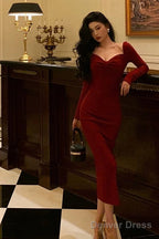 Classy Sheath V Neckline Long Sleeves Red Prom Dresses Birthday Outfits Prom Gowns