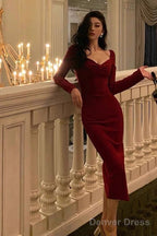 Classy Sheath V Neckline Long Sleeves Red Prom Dresses Birthday Outfits Prom Gowns