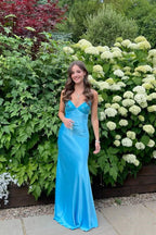 Classy Spaghetti Strap Sleeveless Mermaid Satin Long Prom Dresses