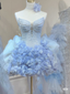 Classy Strapless Blue Tulle Pleated Beaded Birthday Outfits Homecoming Dresses