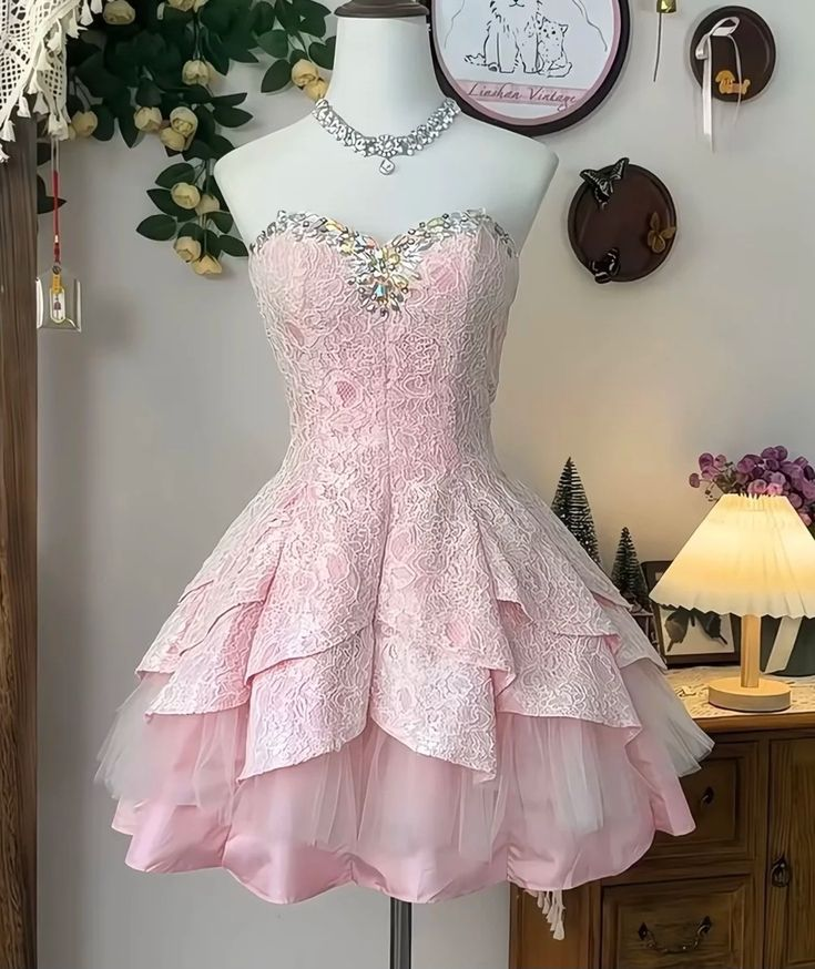 Classy Strapless Lace Beaded A Line Homecoming Dress Pink Short Birthday Dresses