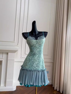 Classy Tiffany Blue Lace Appliques Short Birthday Outfits Homecoming Dress Spaghetti Strap Cocktail Dresses