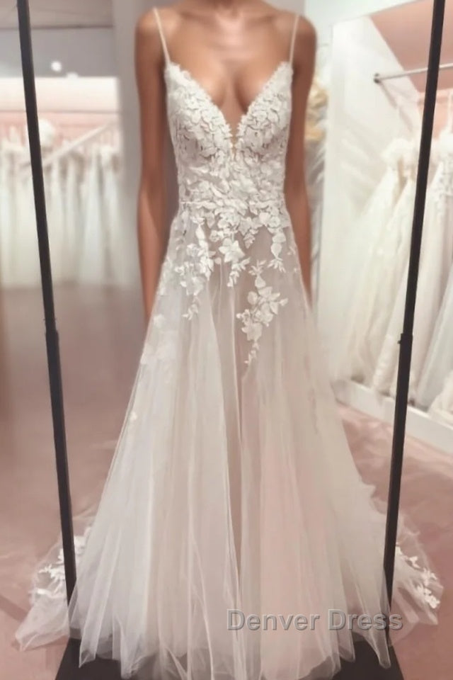 Classy V-Neck Spaghetti-Straps Sleeveless Long Lace Wedding Dresses Online Main image