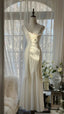 Clean And Elegant White V-Neck Lace Beaded Mermaid Long Prom Dresses