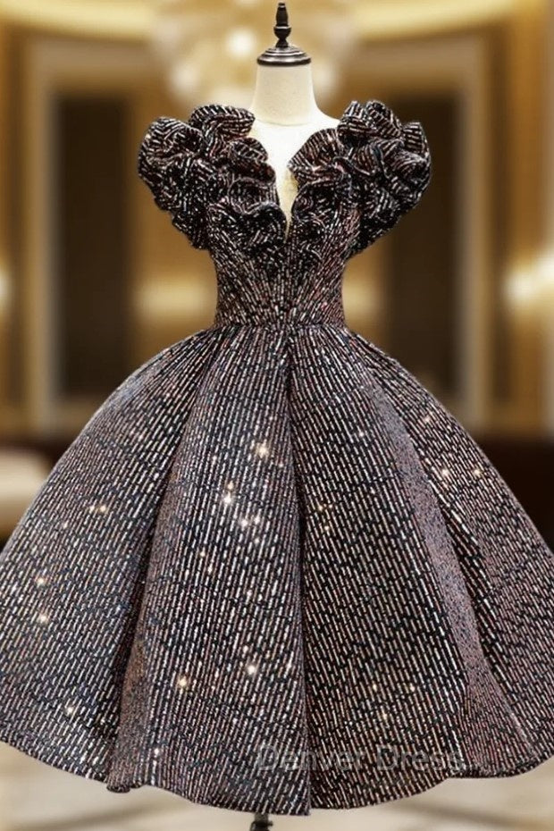 Coffee Ball Gown Sequins V-neck Short Tea Length Prom Dresses