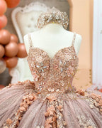 Coffee Beaded Quinceanera Dresses Sexy Spaghetti Neck Appliqued 3D Floral Sweet 16 Princess Ball Gowns Pageant Gown Vestido