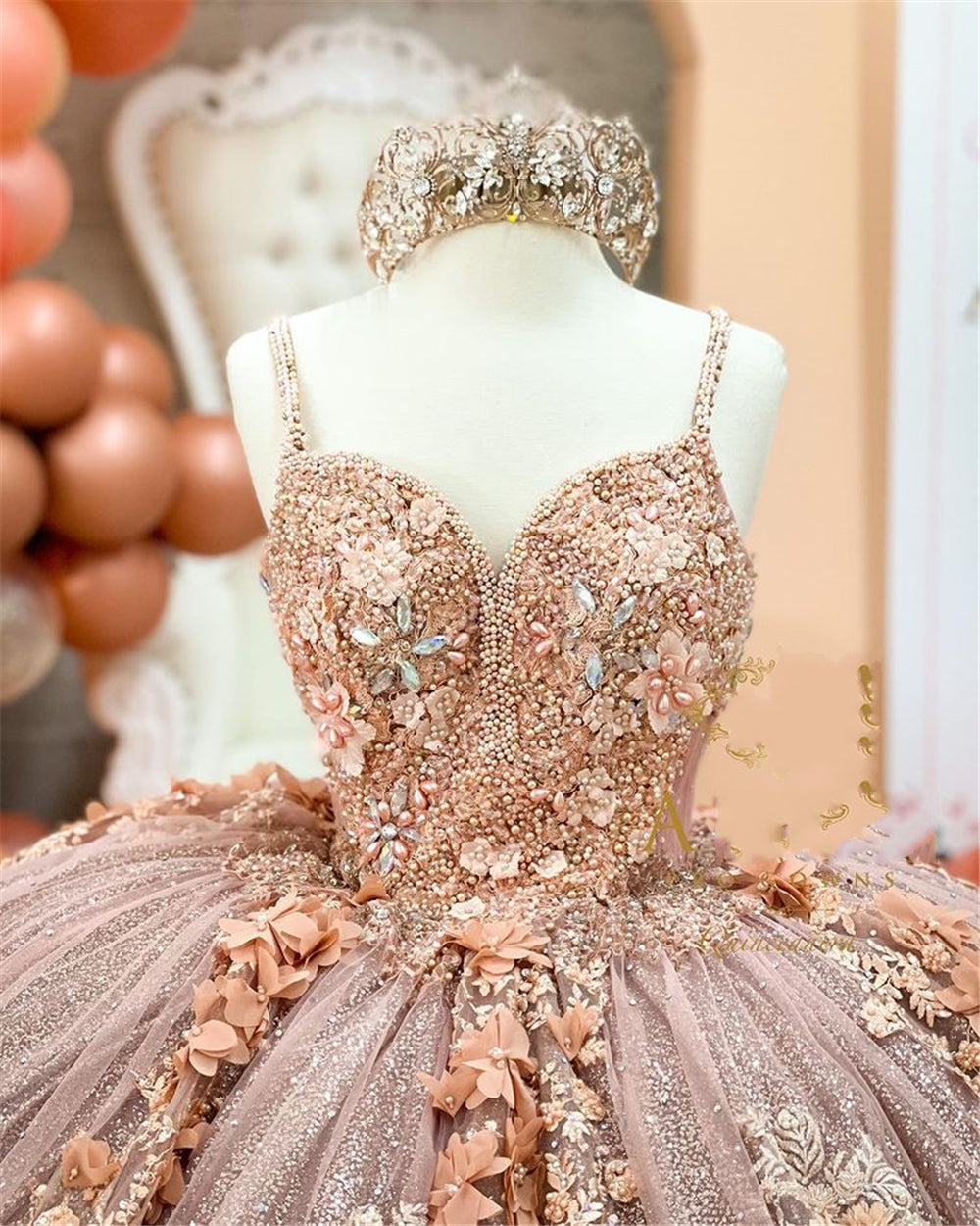 Coffee Beaded Quinceanera Dresses Sexy Spaghetti Neck Appliqued 3D Floral Sweet 16 Princess Ball Gowns Pageant Gown Vestido