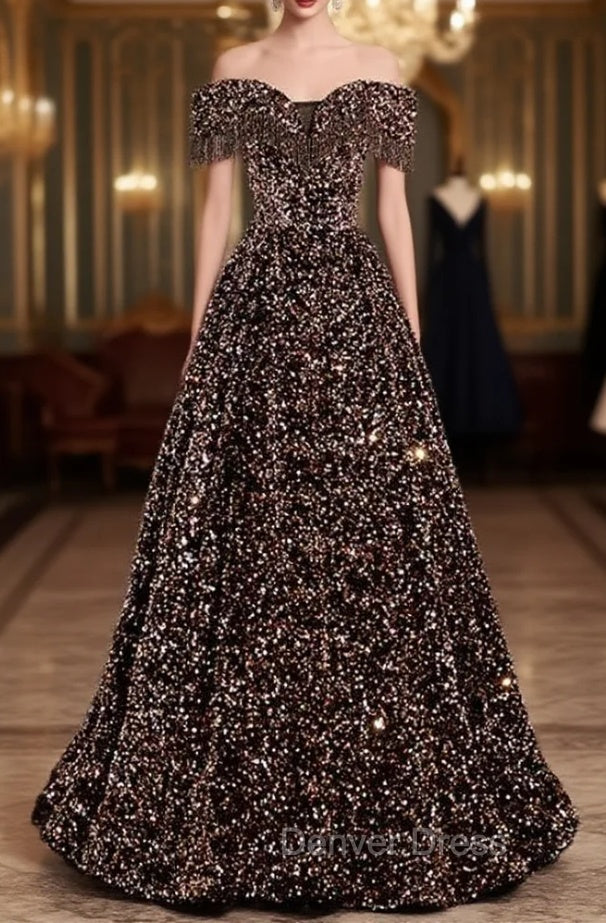 Coffee Gold Sequins Off the Shoulder Beading Prom Dresses