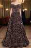 Coffee Gold Sequins Off the Shoulder Beading Prom Dresses