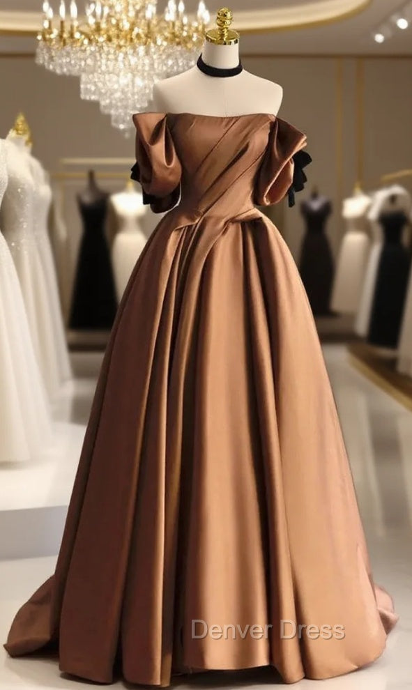 Coffee Satin Off the Shoulder Pleats Prom Dresses