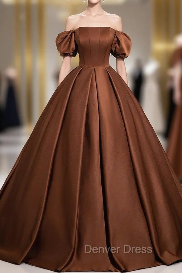 Coffee Satin Off the Shoulder Prom Dresses Main image