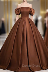 Coffee Satin Off the Shoulder Prom Dresses