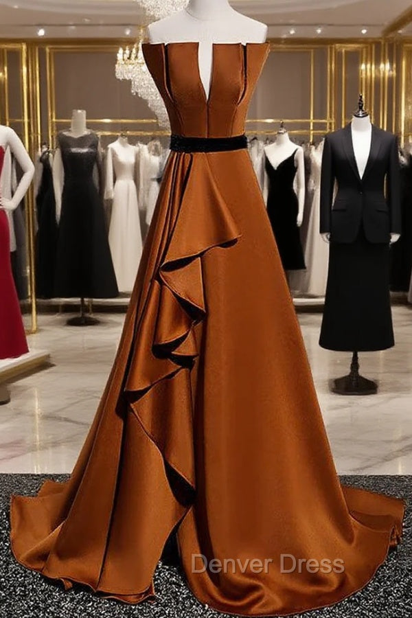 Coffee Satin Strapless Pleats Prom Dresses With Split