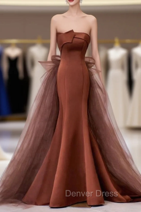 Coffee Satin Tulle Strapless Prom Dresses Main image