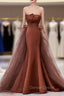 Coffee Satin Tulle Strapless Prom Dresses