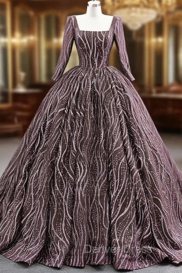 Coffee Sequins Square Long Sleeve Prom Dresses