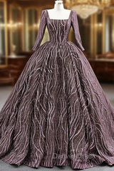 Coffee Sequins Square Long Sleeve Prom Dresses