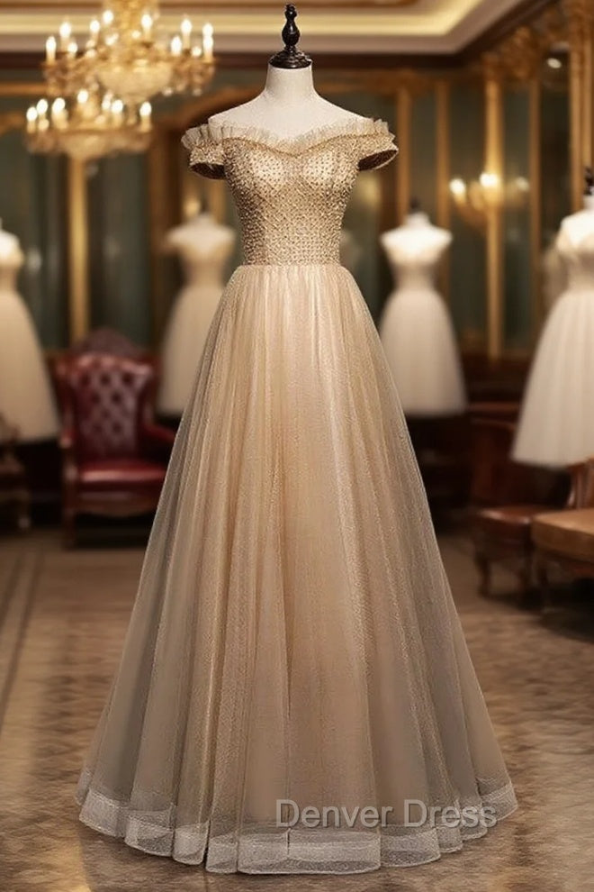 Coffee Tulle Off the Shoulder Beading Prom Dresses Main image