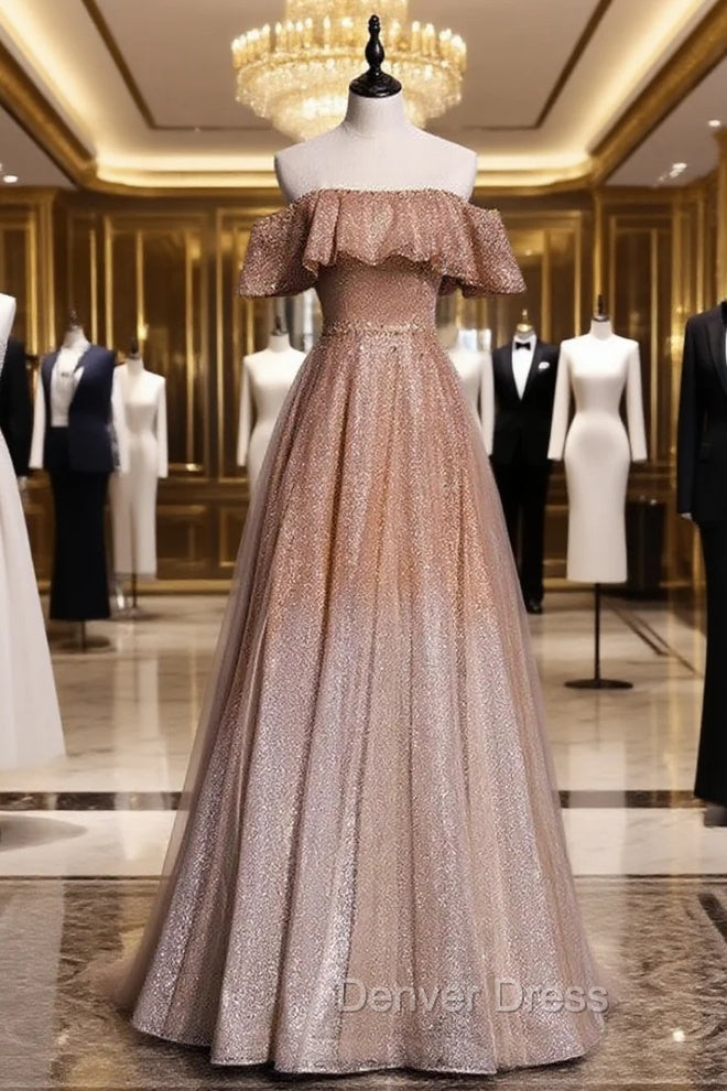 Coffee Tulle Sequins Off the Shoulder Beading Prom Dresses Main image