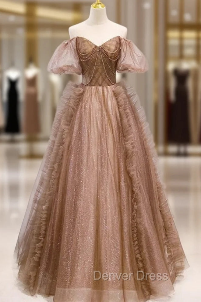 Coffee Tulle Sequins Puff Sleeve Beading Prom Dresses