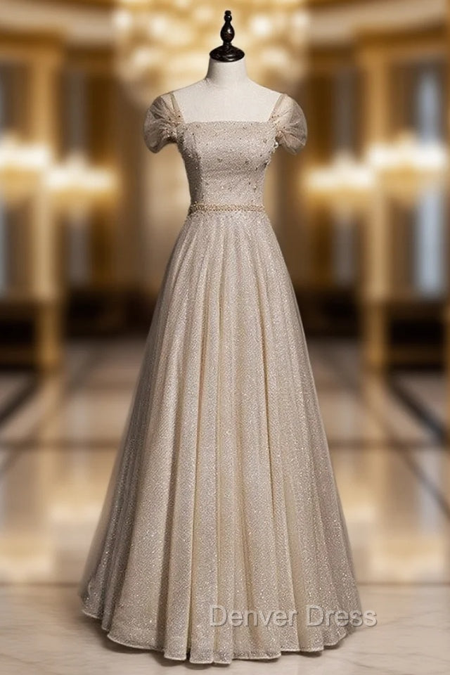 Coffee Tulle Sequins Square Beading Prom Dresses