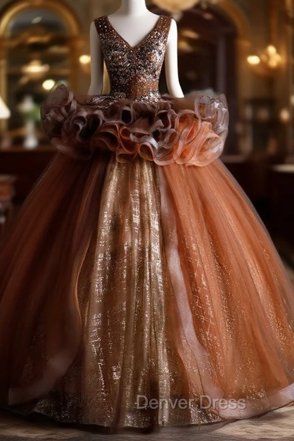 Coffee Tulle Sequins V Neck Beading Quinceanera Dresses